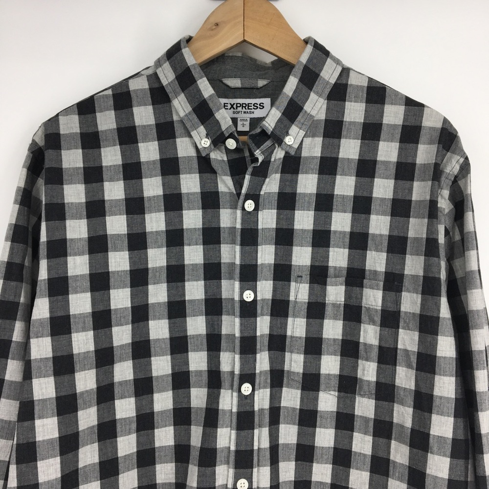 Express Men Black Checked Plaid Button Up Shirt - image 1